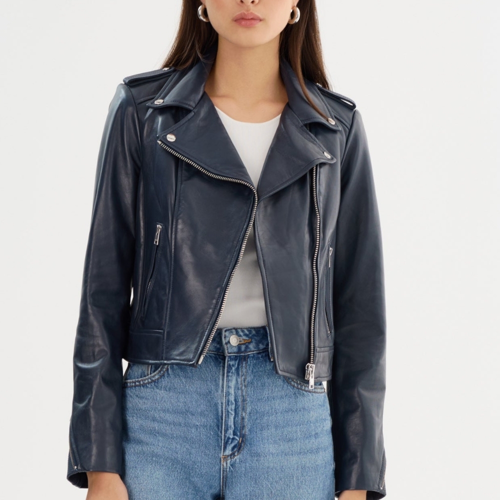 Lamarque Donna Iconic Navy Lamb Leather Moto Biker Jacket